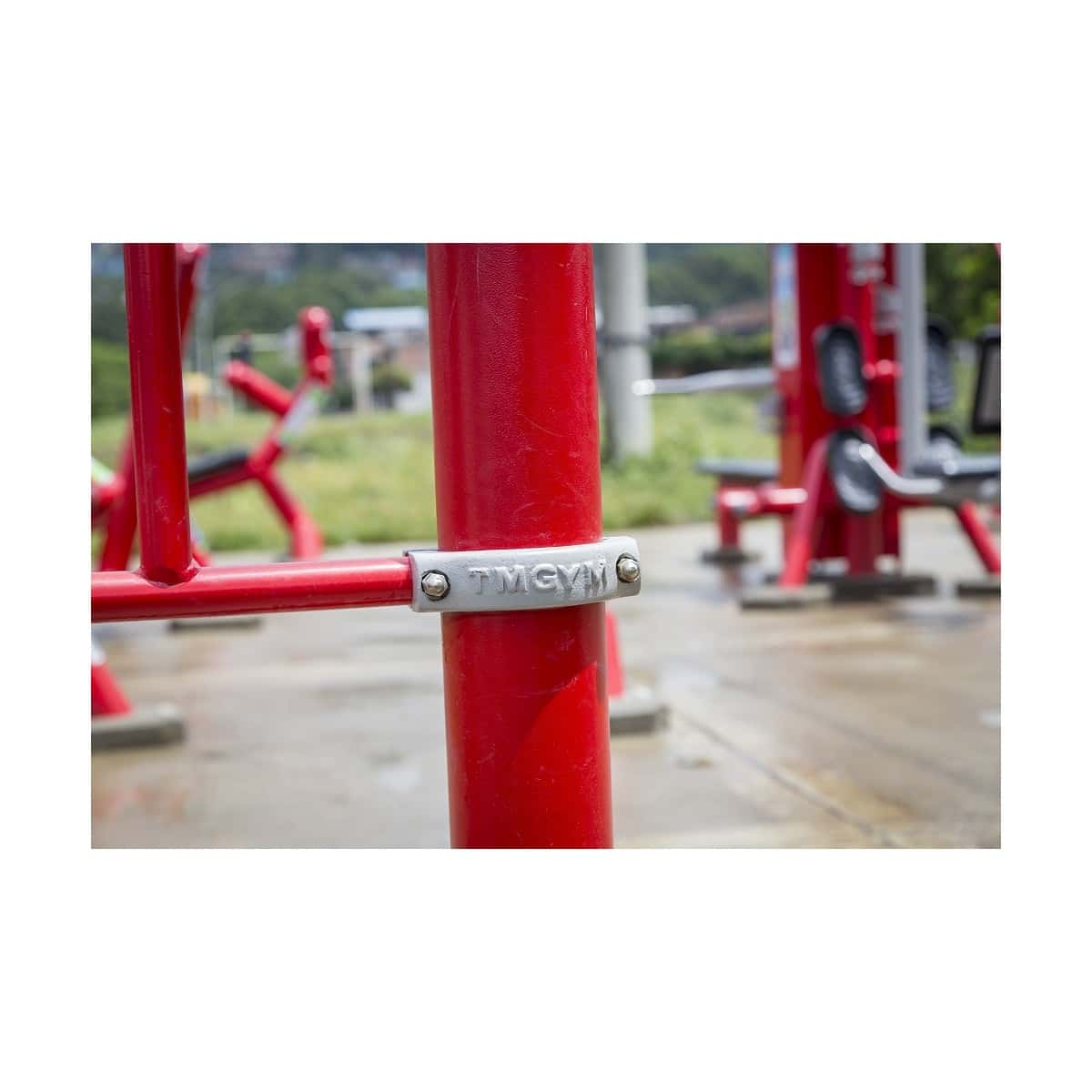 Detalle de un poste rojo con etiqueta en el Combo TM2 de TMGYM