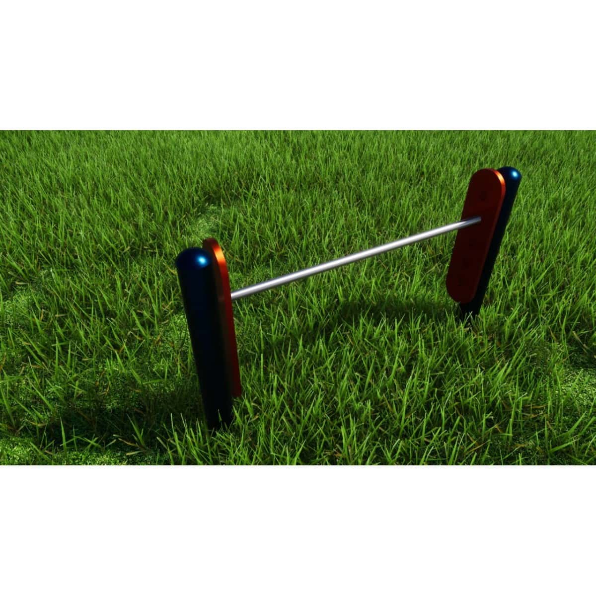 Render de una barra de salto agility entre dos postes para perros, sobre césped