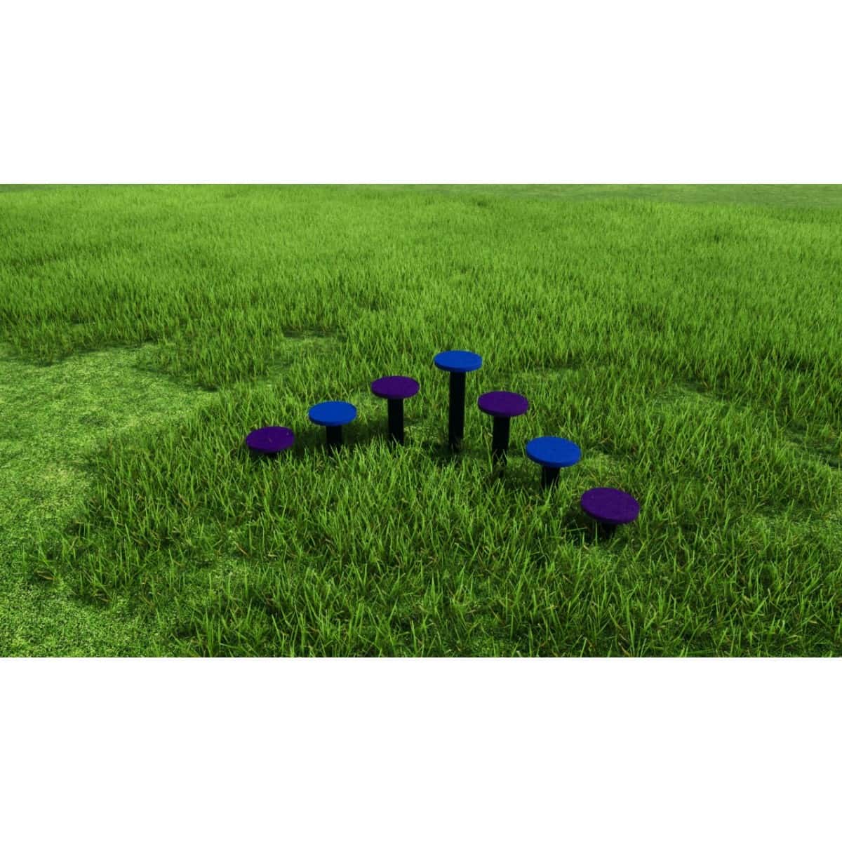 Render de una pasarela en escalera con apoyos redondos de colores para perros, sobre césped