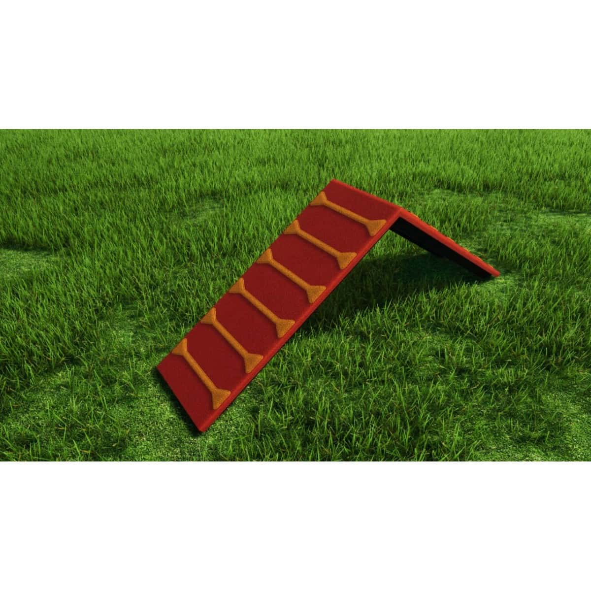 Render de una rampa alta con listones para perros, sobre césped
