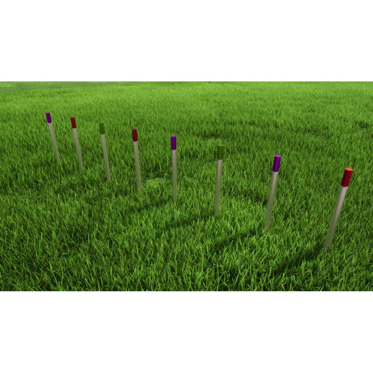 Render de un slalom agility de postes en fila para perros, sobre césped
