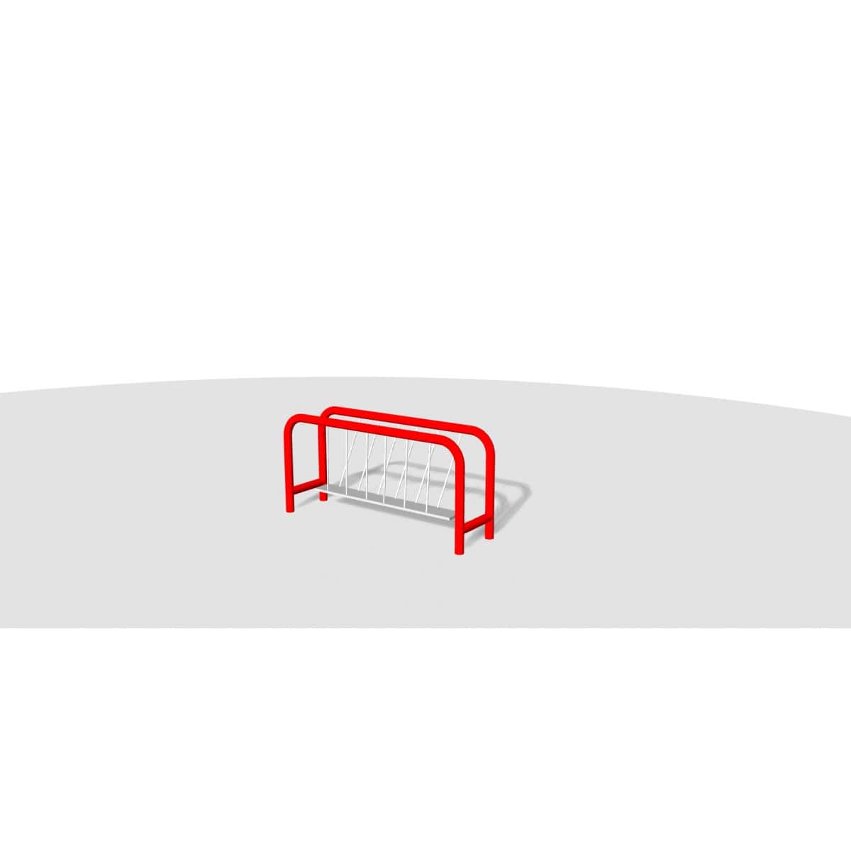 Render de una barra baja de equilibrio de color rojo para parque infantil