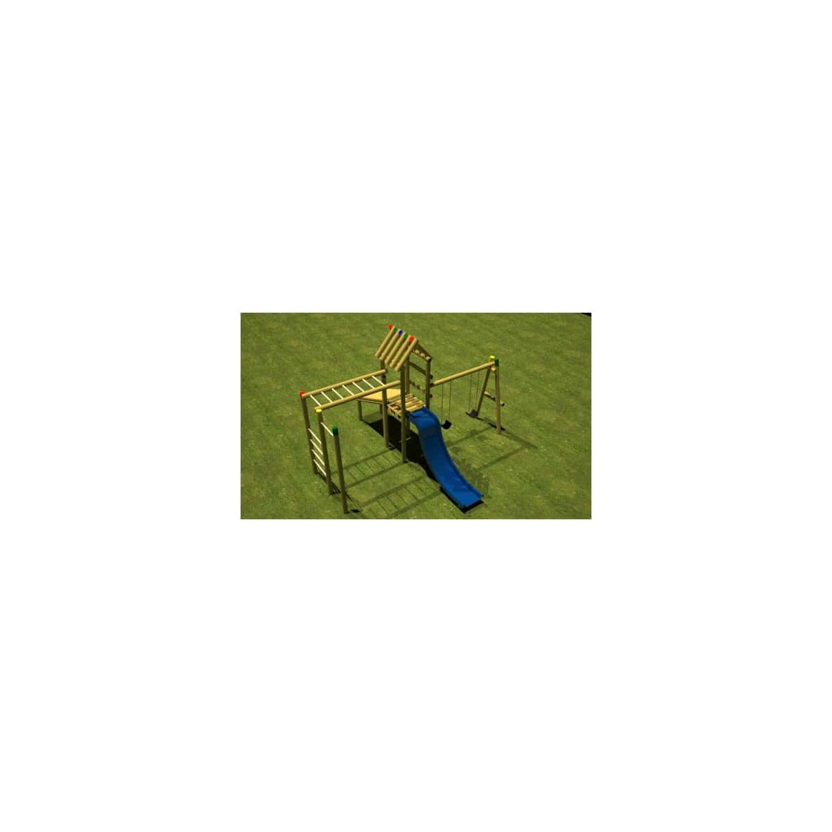 Render del Parque Caribe, parque infantil de madera con deslizadero azul, sobre césped