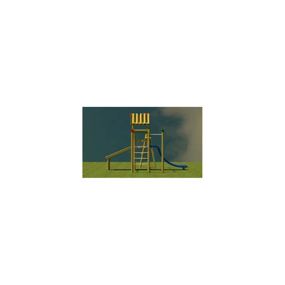 Render del Parque Caribe sencillo, torre de madera con escalera y deslizadero, sobre césped