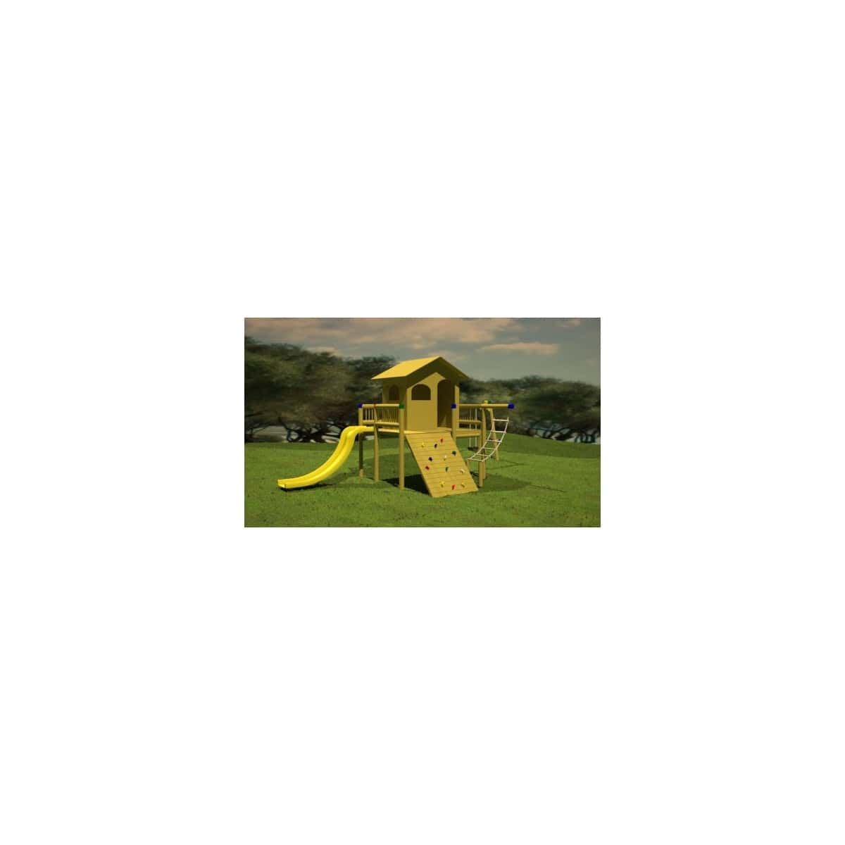 Render del Parque Casa de los sueños, casa de madera con deslizadero amarillo y pared de escalada