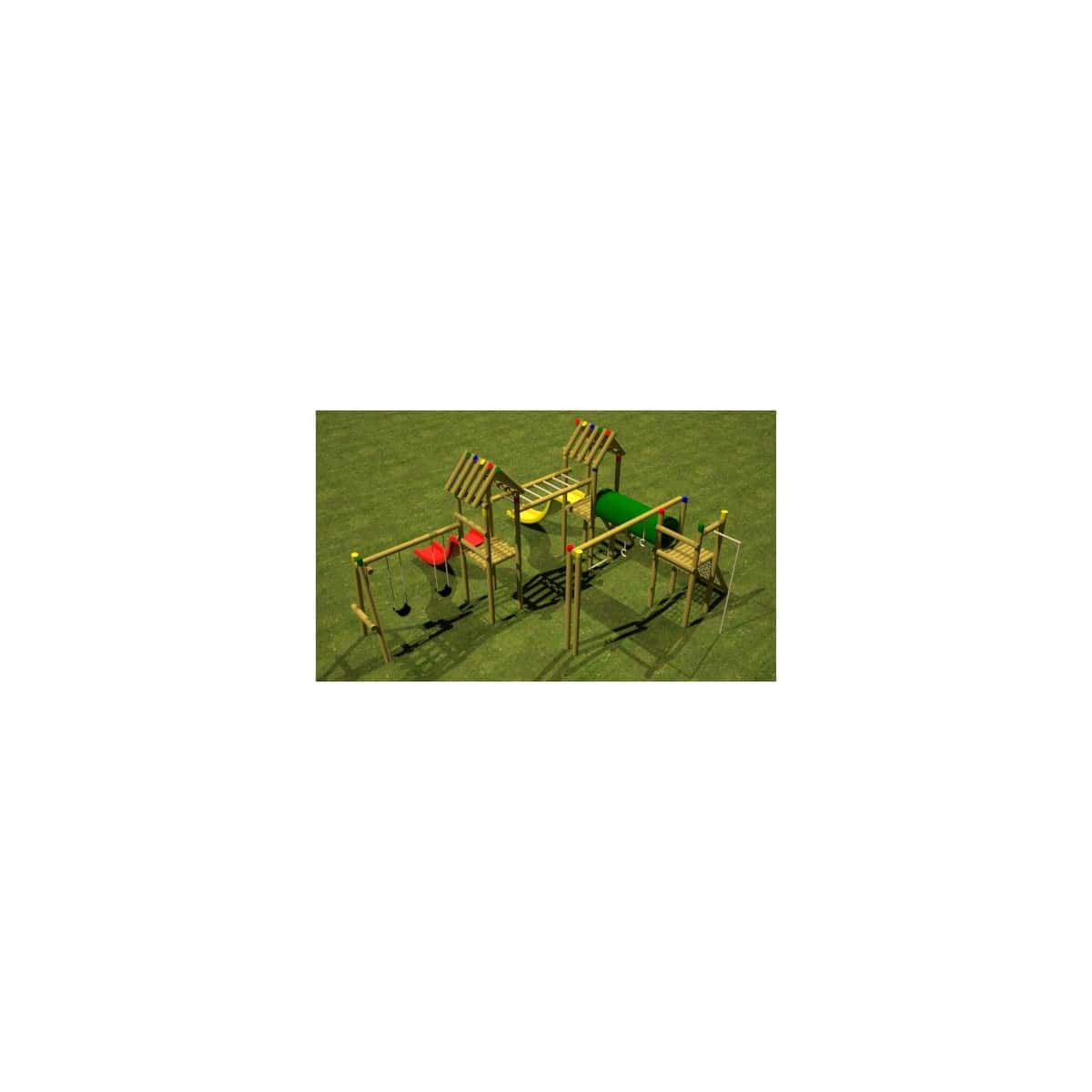 Render del Parque Diverjuego múltiple, torres de madera con deslizaderos amarillo y rojo, sobre césped