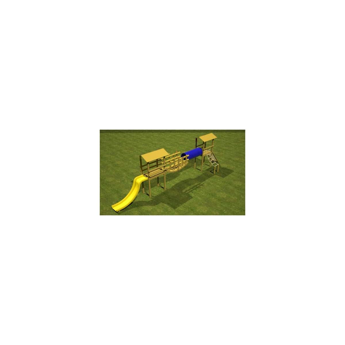 Render del Parque Laberinto, recorrido de madera con túnel azul y deslizadero amarillo, sobre césped