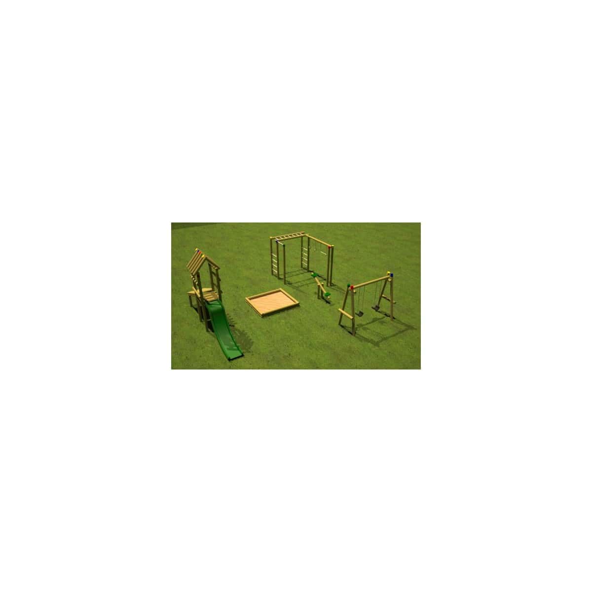 Render del Parque pa' los Chachos, juegos de madera sobre césped