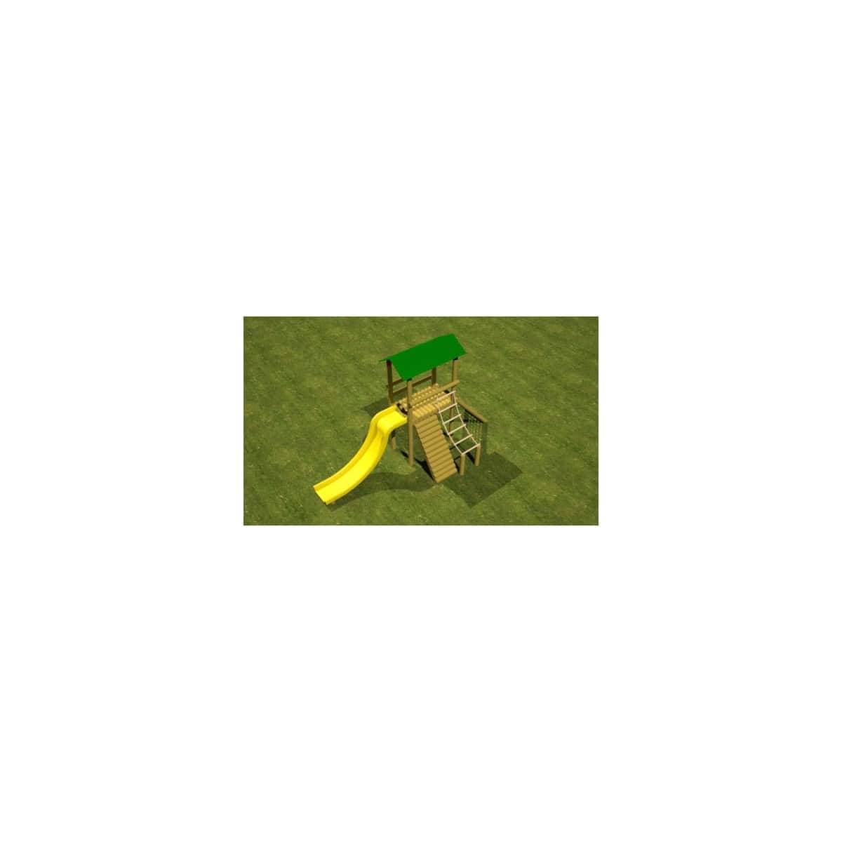 Render del módulo torre creativa, torre de madera con techo verde y deslizadero amarillo, sobre césped