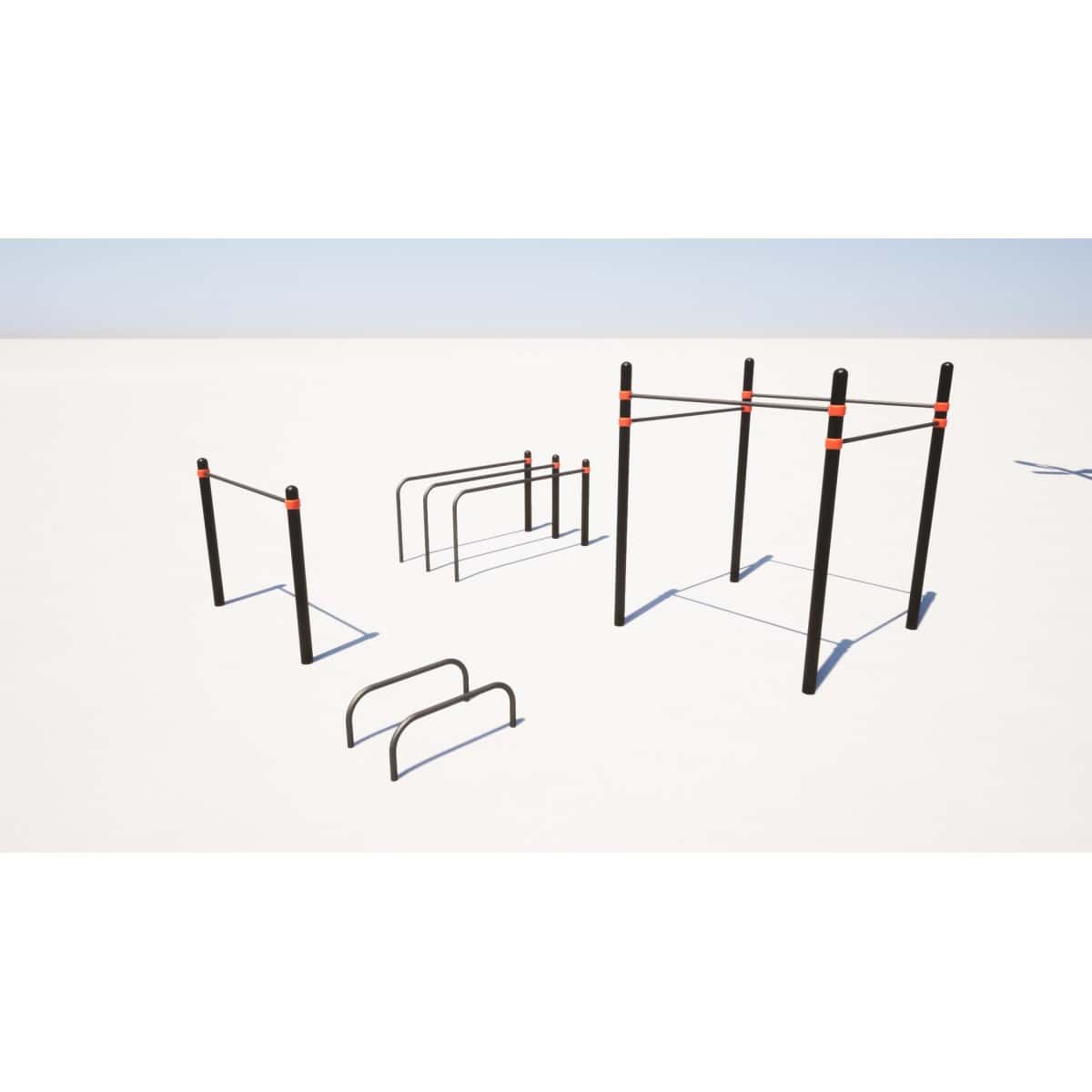 Render 3D de un circuito de calistenia de TMGYM con estructura de cuatro postes, barras de dominadas y paralelas bajas