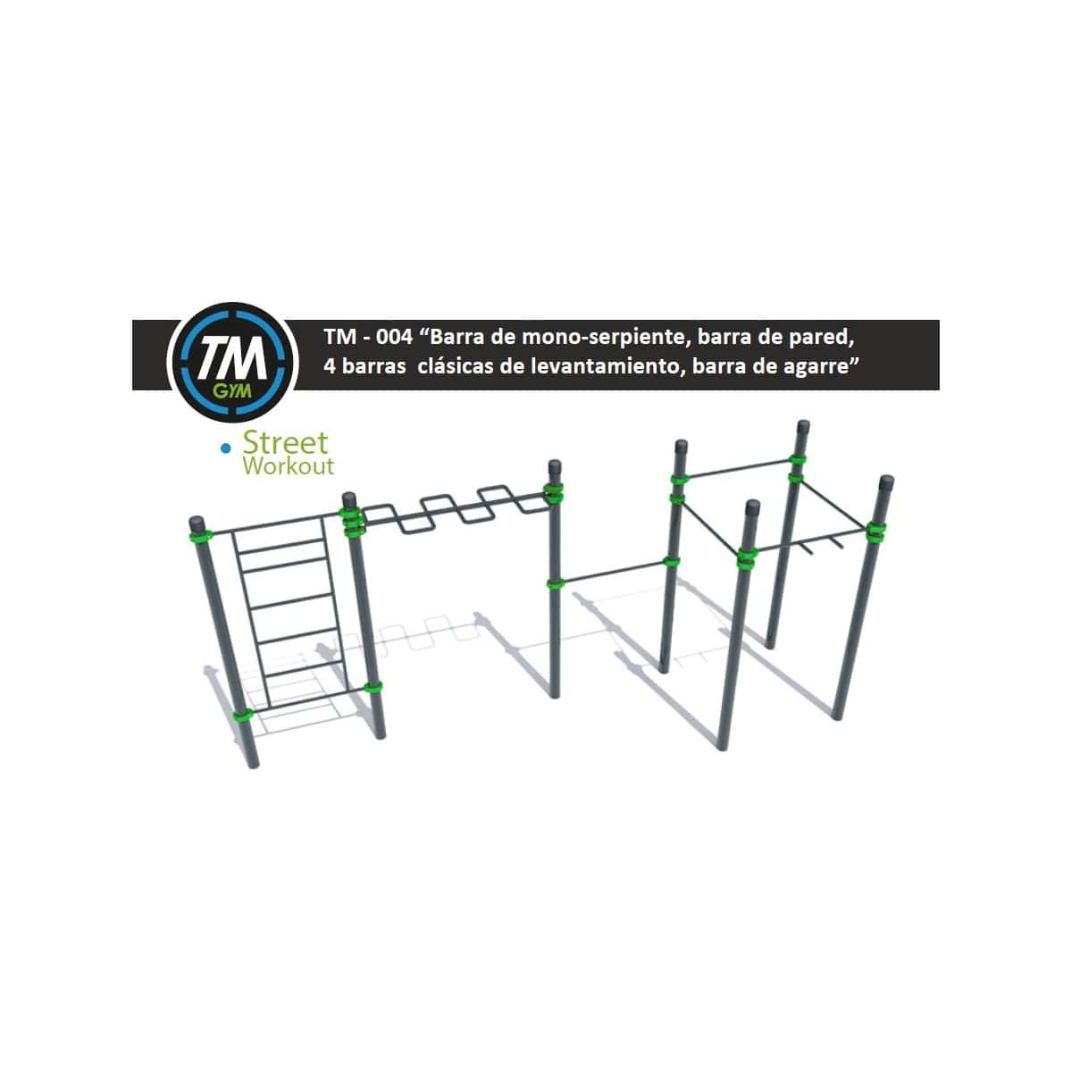 Render 3D de una estructura de calistenia de TMGYM con barra mono-serpiente, barra de pared y barras de levantamiento