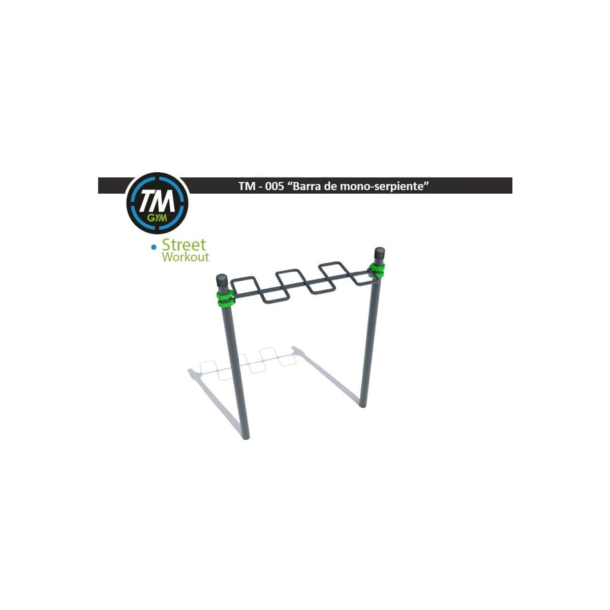 Render 3D de una barra mono-serpiente de TMGYM para parques de calistenia, con soportes verdes