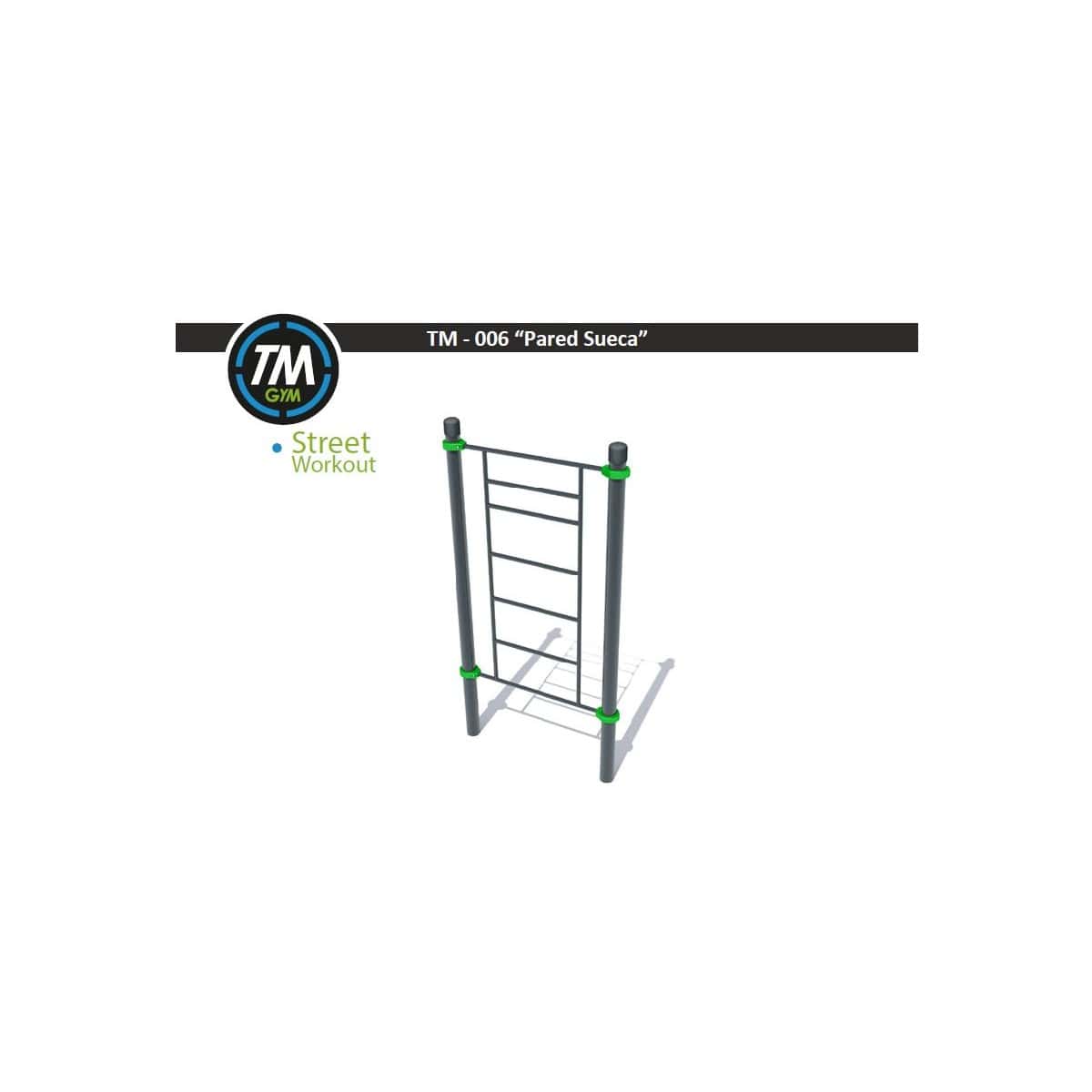 Render 3D de una pared sueca de TMGYM para parques de calistenia, con peldaños y soportes verdes