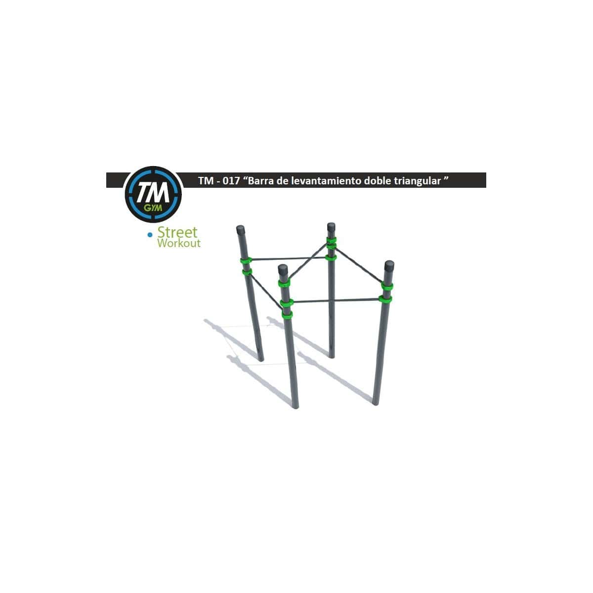 Render 3D de una barra de levantamiento doble triangular de TMGYM para parques de calistenia