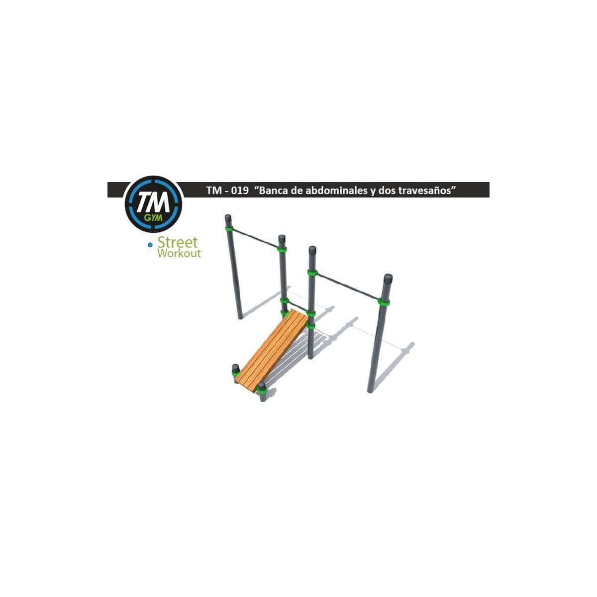 Render 3D de una banca de abdominales con dos travesaños de TMGYM para parques de calistenia