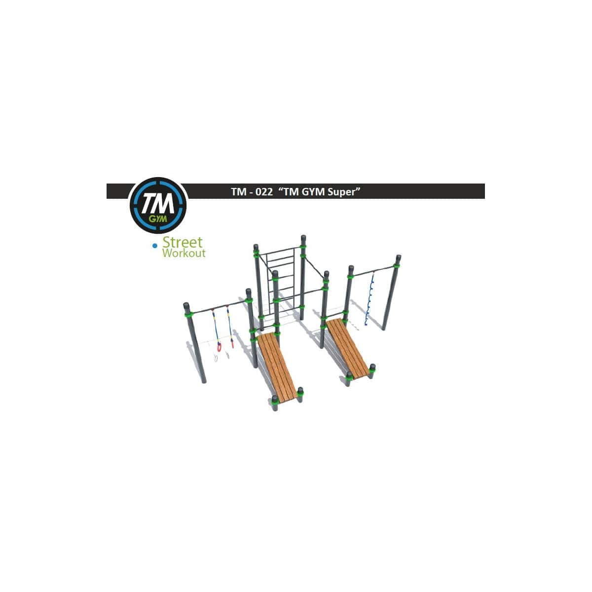 Render 3D de la estructura de calistenia TM GYM Super, con barras, suspensión y dos bancas de abdominales