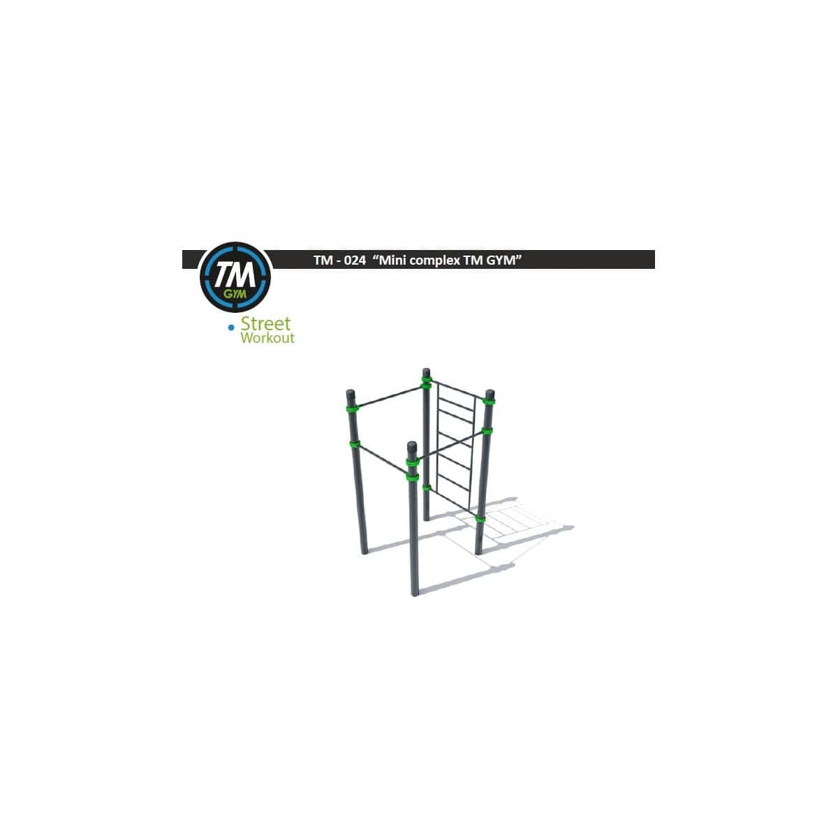 Render 3D de el Mini complex TM GYM, estructura compacta de calistenia con escalera y barras