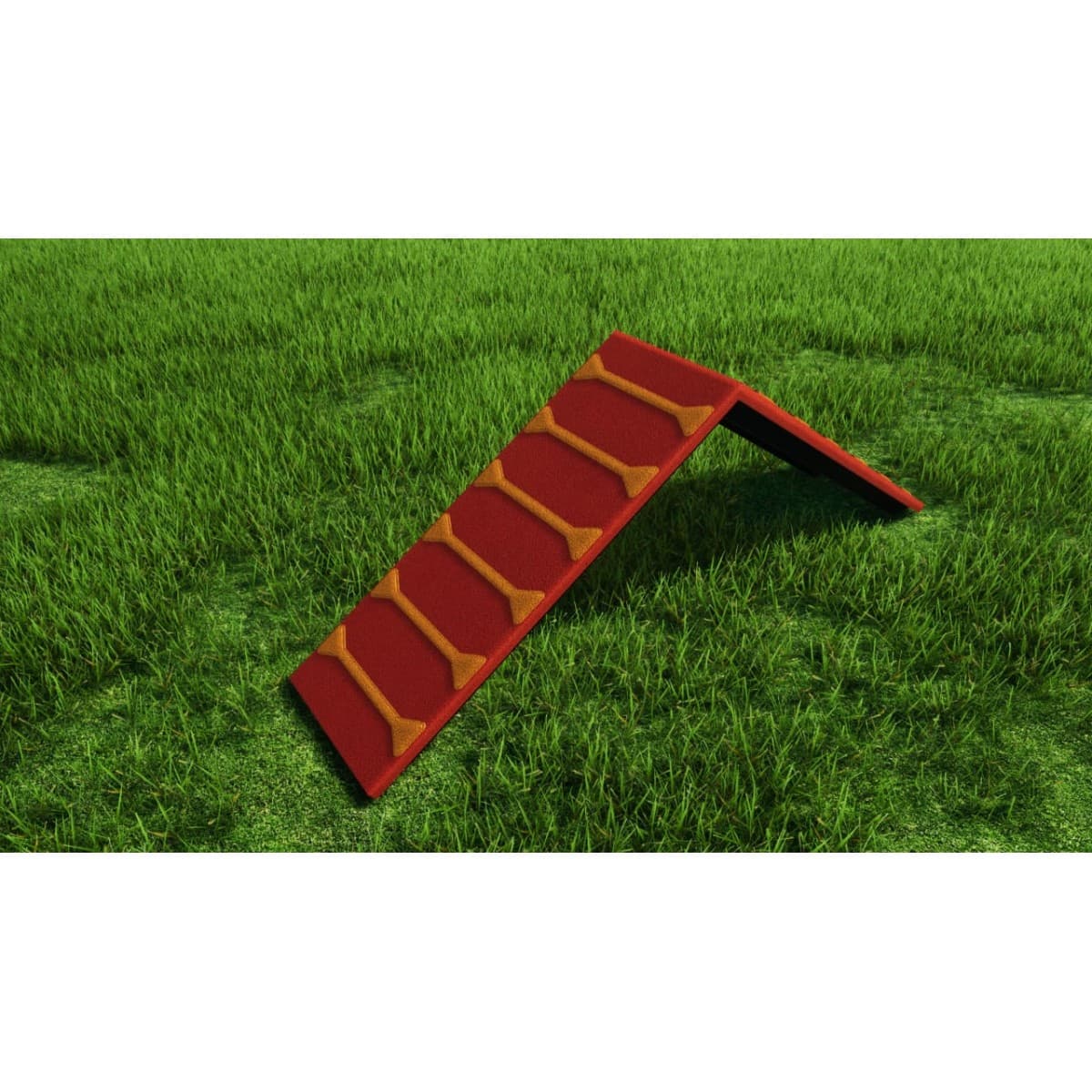 Render de una rampa alta con listones para perros, sobre césped