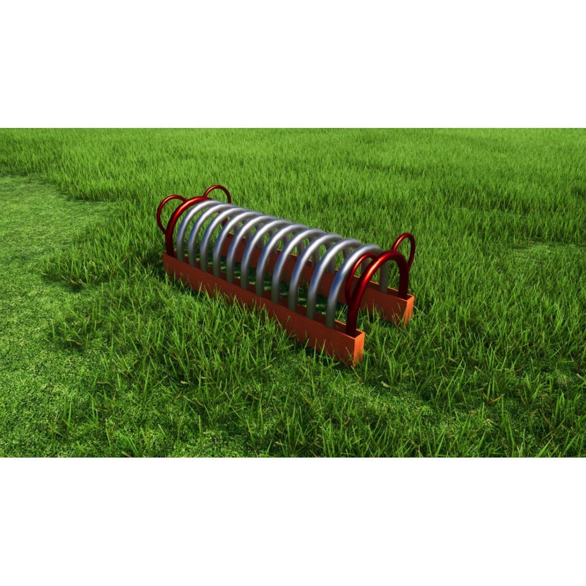 Render de un túnel agility de aros metálicos con extremos rojos para perros