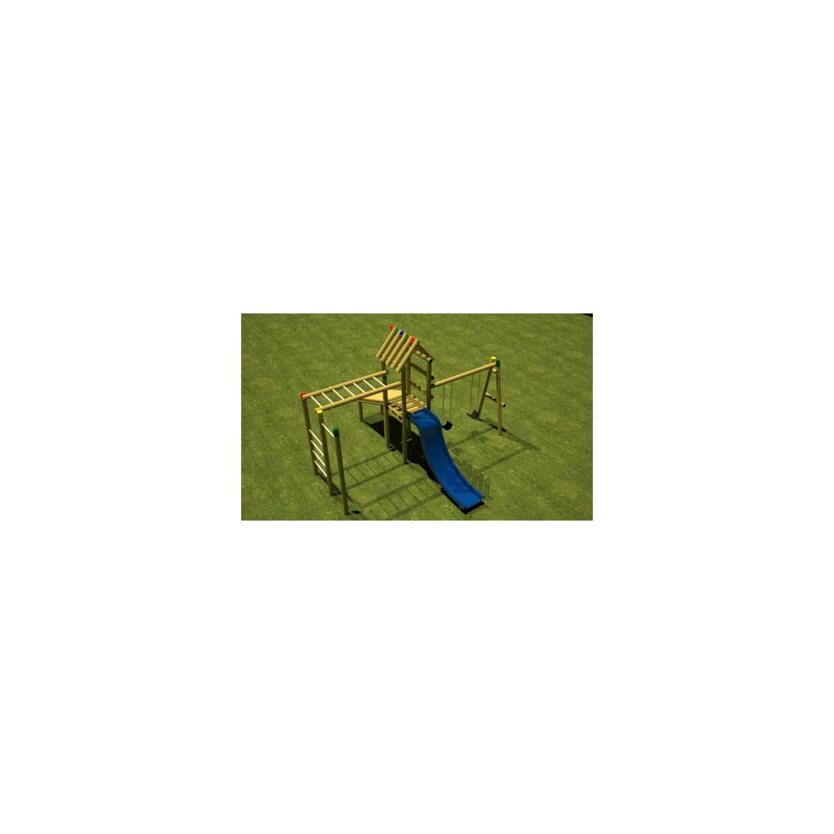 Render del Parque Caribe, parque infantil de madera con deslizadero azul, sobre césped