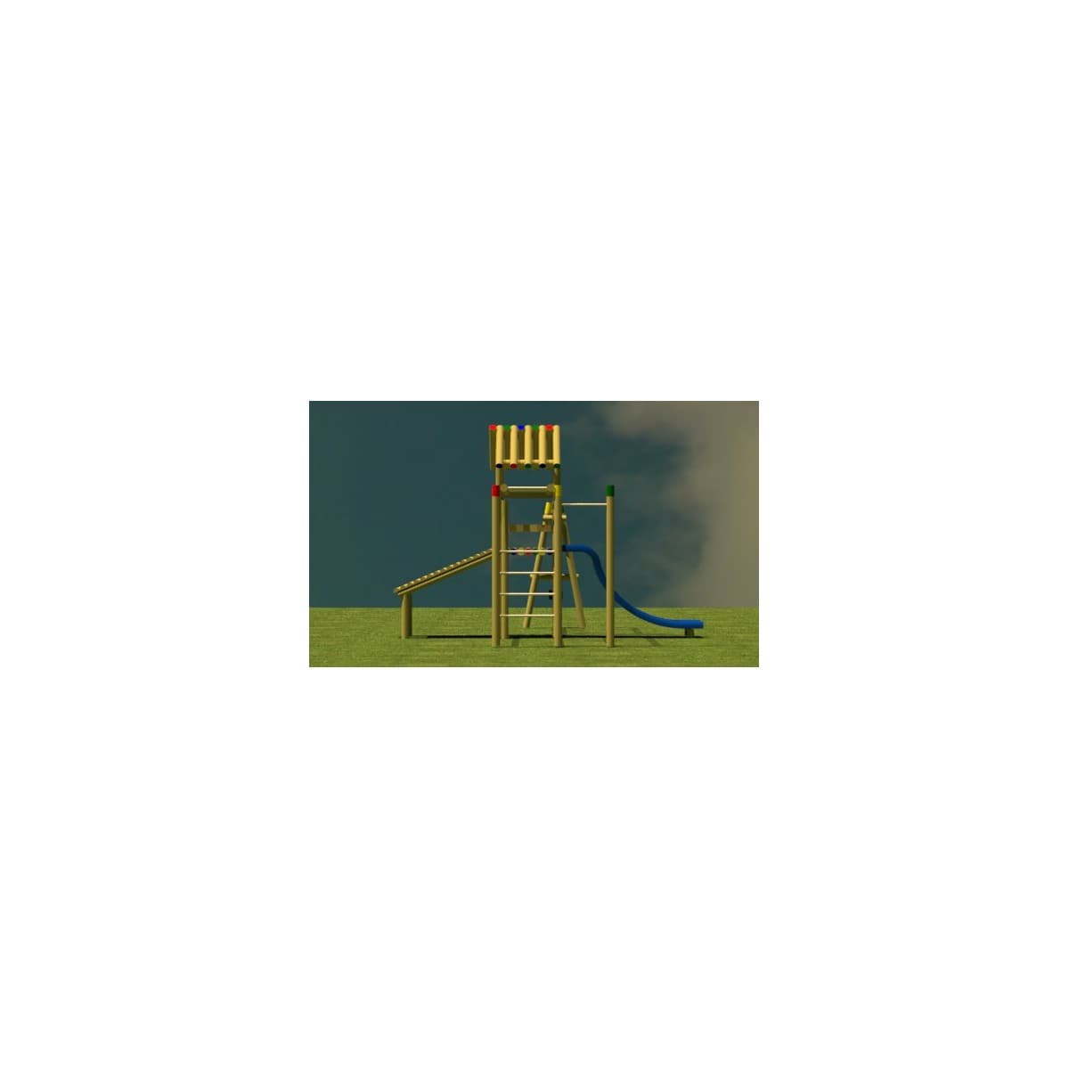 Render del Parque Caribe sencillo, torre de madera con escalera y deslizadero, sobre césped