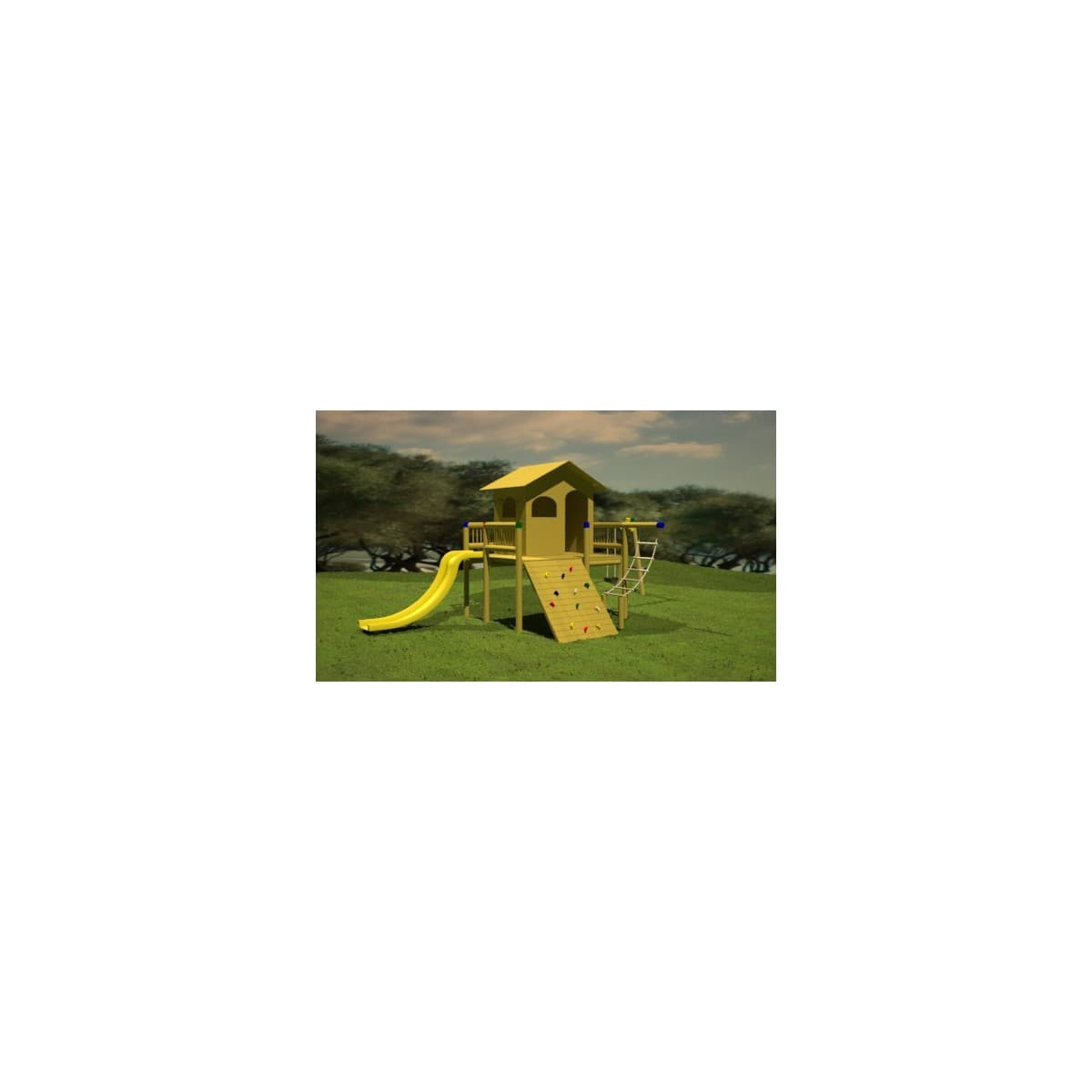 Render del Parque Casa de los sueños, casa de madera con deslizadero amarillo y pared de escalada