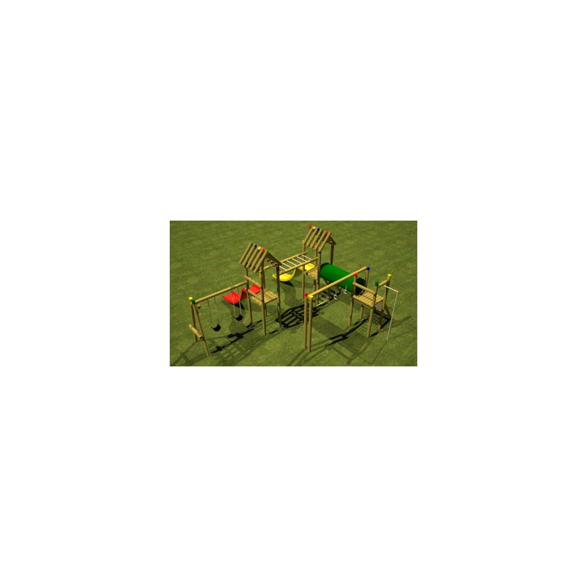 Render del Parque Diverjuego múltiple, torres de madera con deslizaderos amarillo y rojo, sobre césped