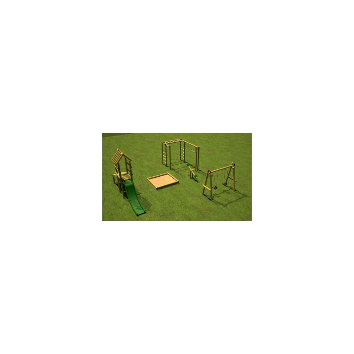 Render del Parque pa' los Chachos, juegos de madera sobre césped