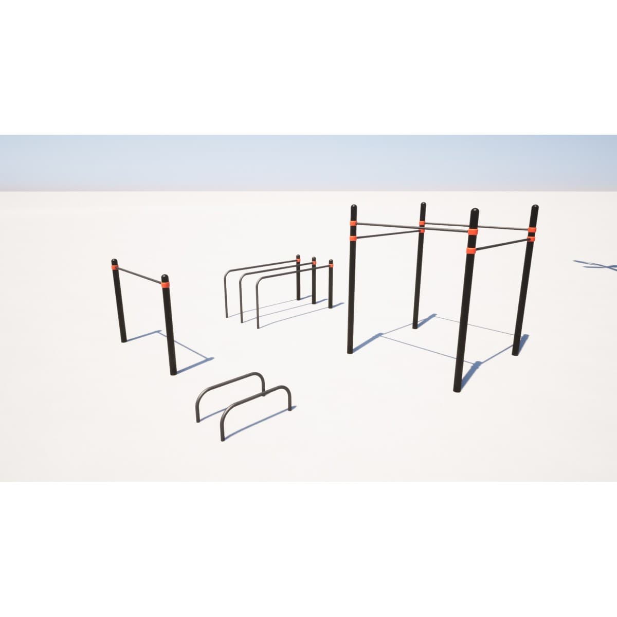 Render 3D de un circuito de calistenia de TMGYM con estructura de cuatro postes, barras de dominadas y paralelas bajas