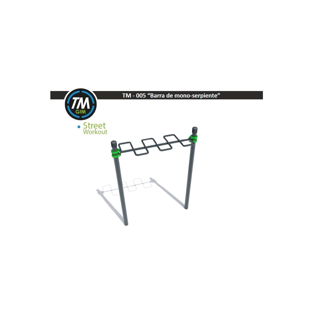 Render 3D de una barra mono-serpiente de TMGYM para parques de calistenia, con soportes verdes