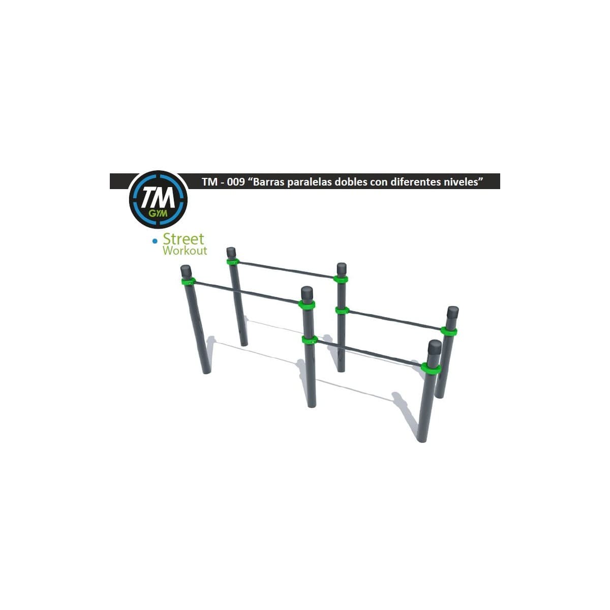Render 3D de unas barras paralelas dobles de TMGYM a diferentes niveles para parques de calistenia