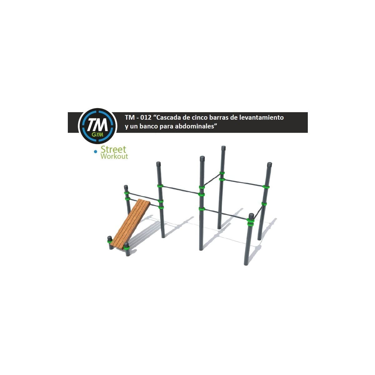 Render 3D de una cascada de cinco barras de levantamiento con banco para abdominales de TMGYM