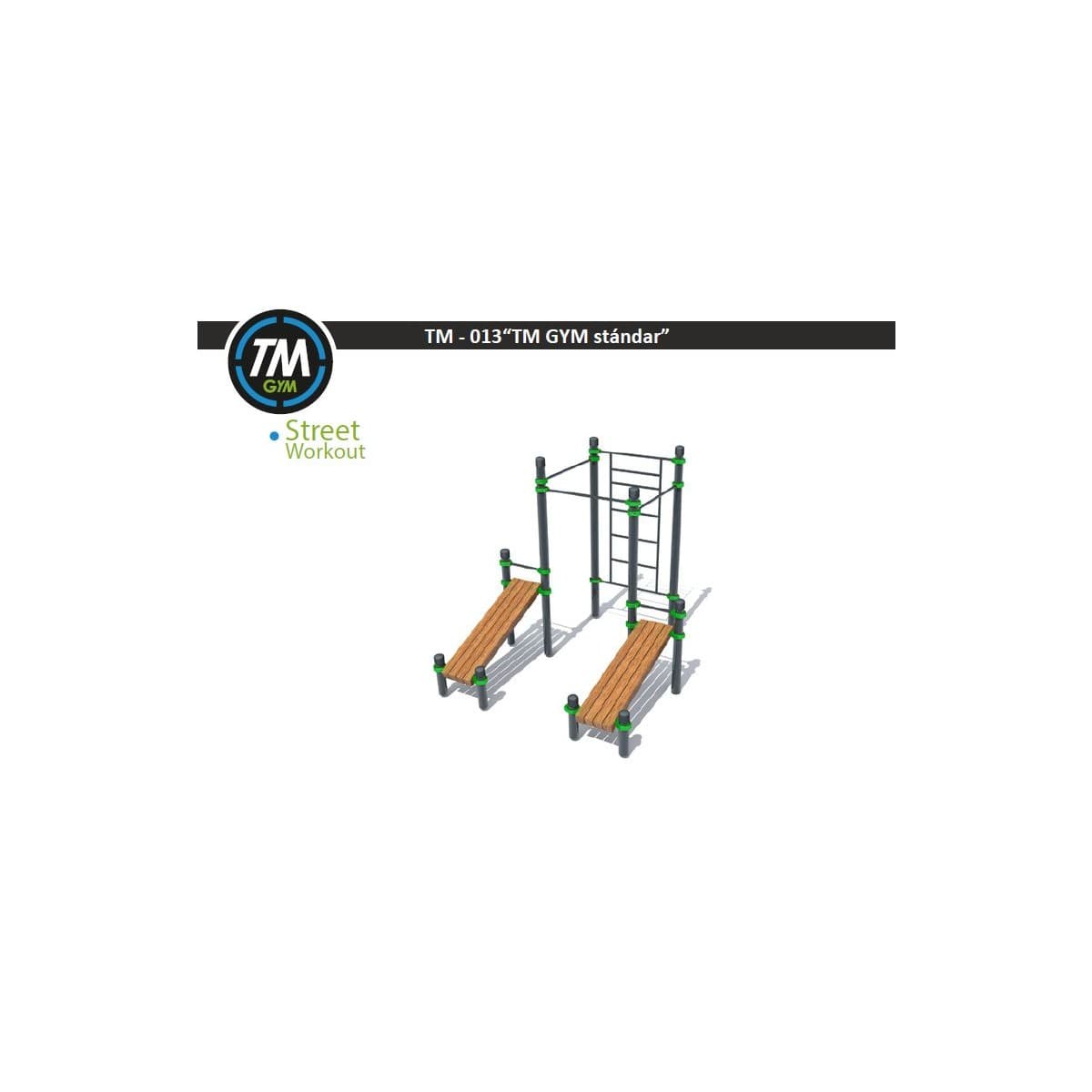 Render 3D de la estructura de calistenia TM GYM estándar, con barras de levantamiento y banco de abdominales