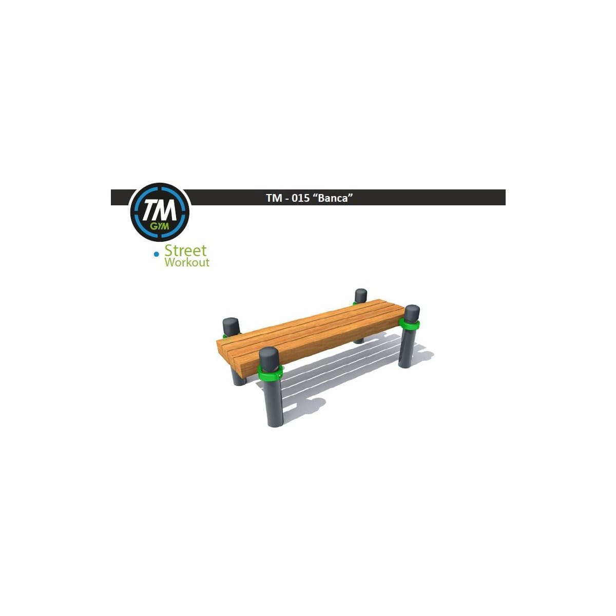 Render 3D de una banca de entrenamiento de TMGYM con asiento de madera y soportes verdes