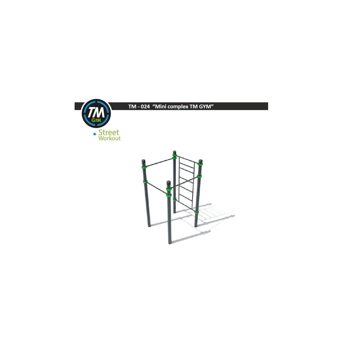 Render 3D de el Mini complex TM GYM, estructura compacta de calistenia con escalera y barras