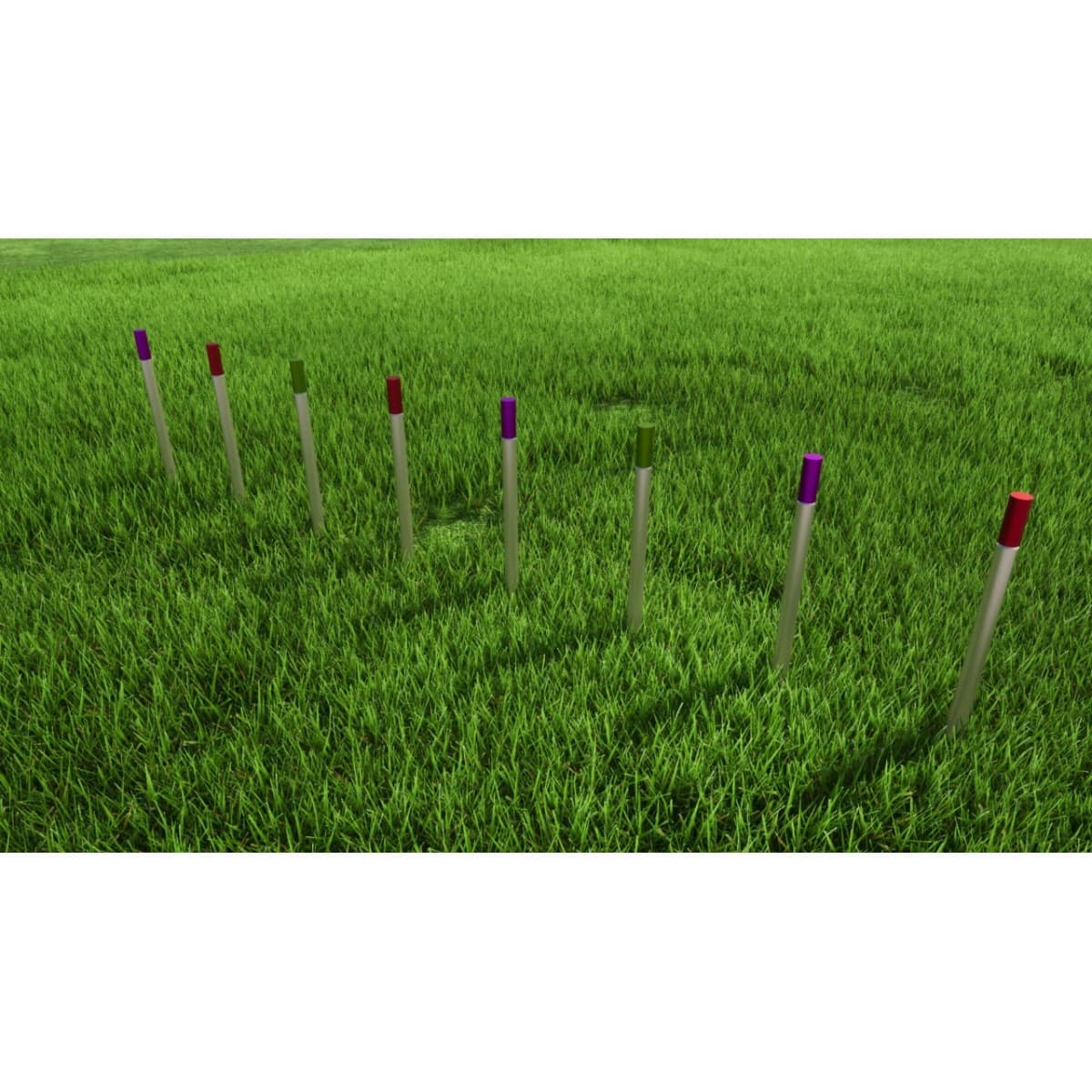 Render de un slalom agility de postes en fila para perros, sobre césped