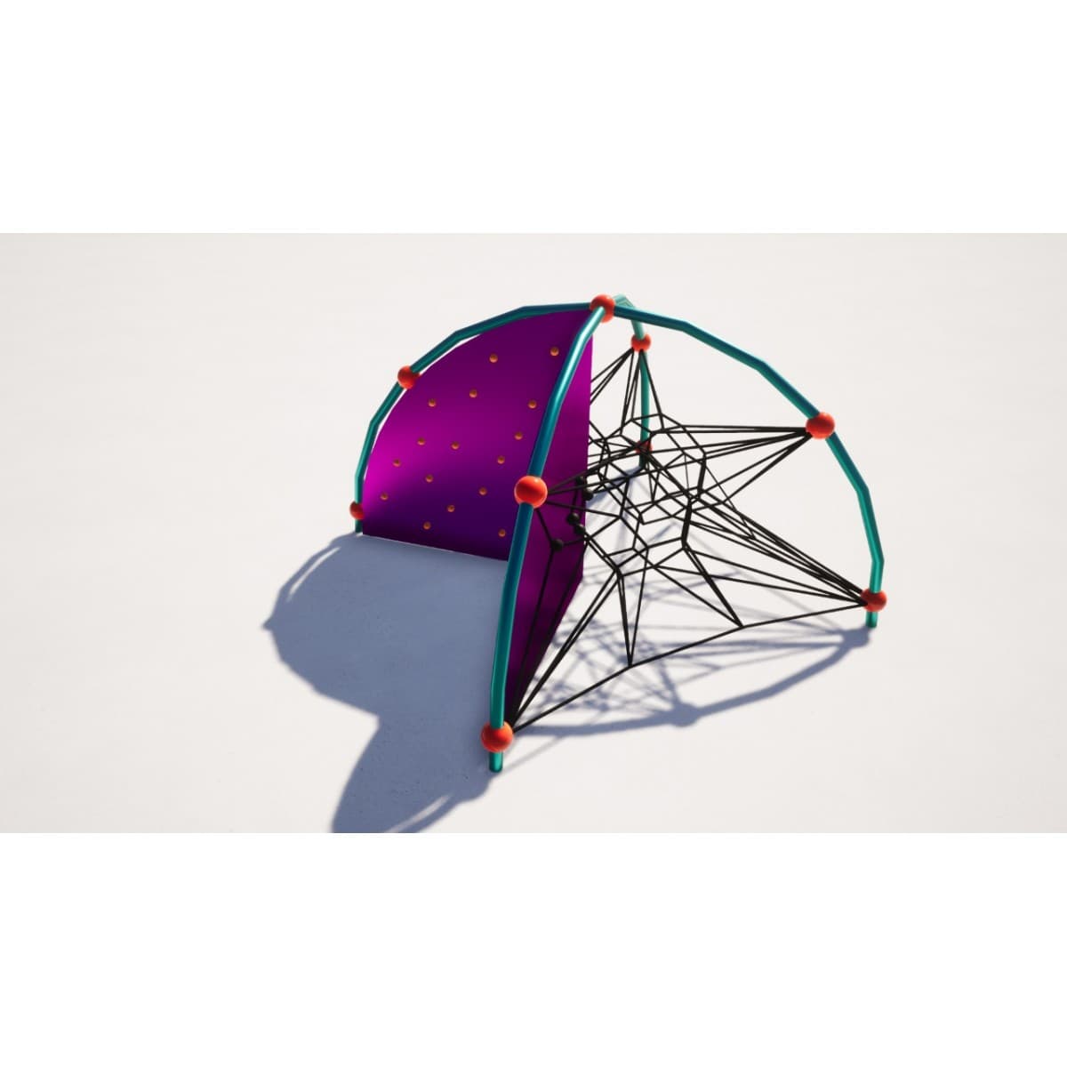 Render de un domo de escalada con redes de cuerda y agarres, de color morado, para parque infantil