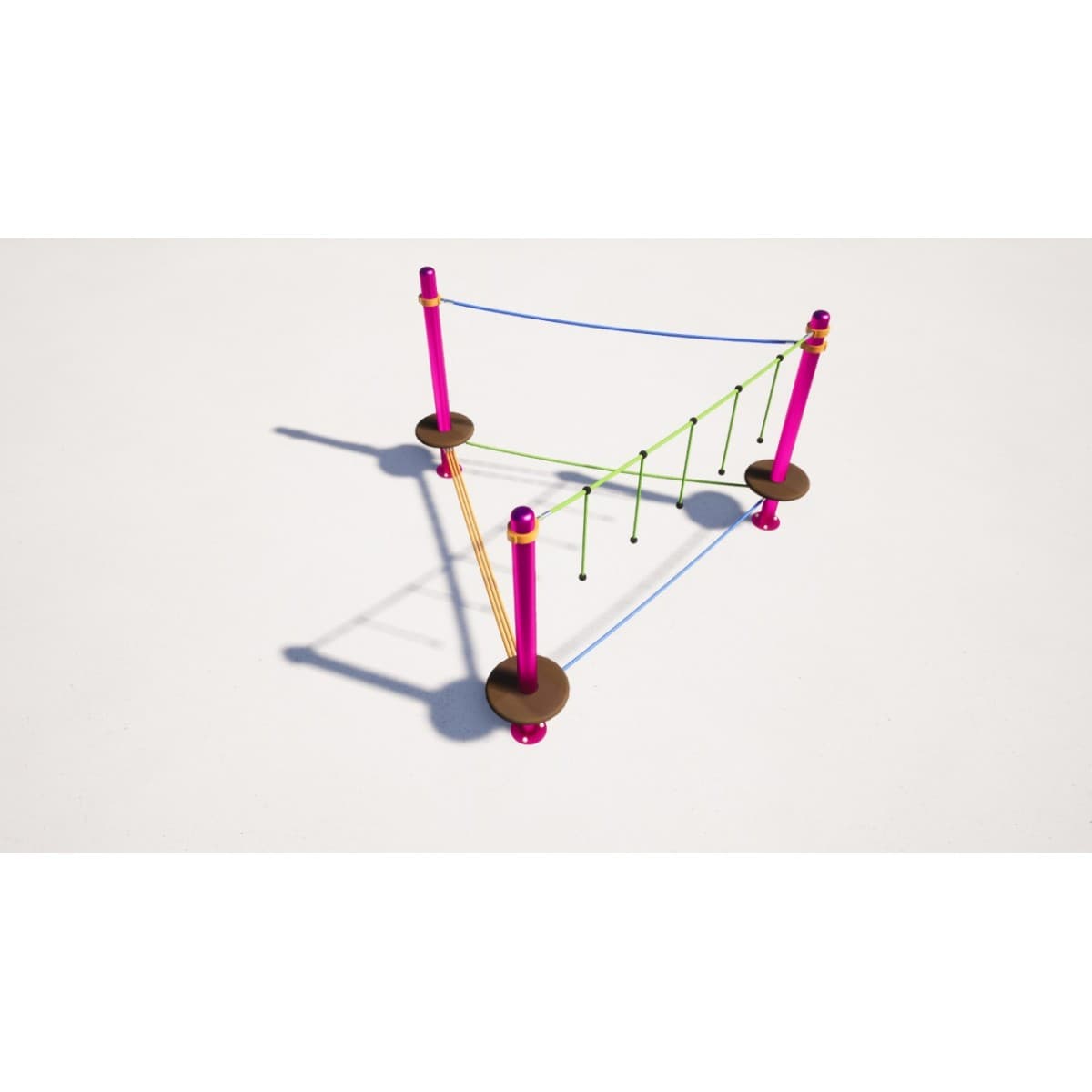 Render de un triángulo de equilibrio con postes y cuerdas para parque infantil